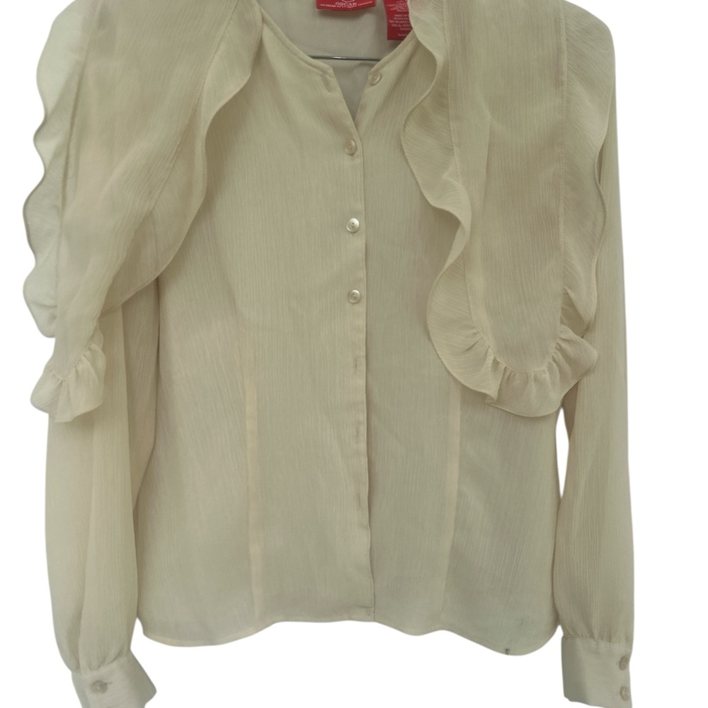 Oscar de la Renta Cream Long Sleeve Ruffled Blouse